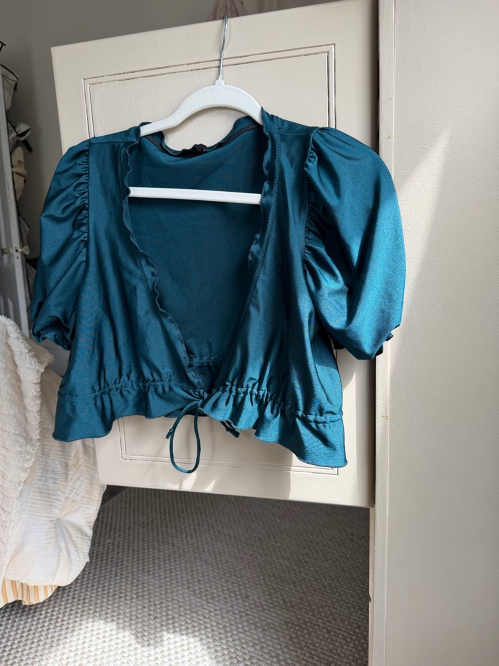 Urban Outfitters Teal Puff-Sleeve Tie-Front Top